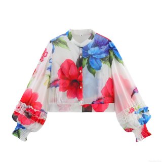 Women's Floral Print Chiffon Blouse Loose Lantern Long Sleeve Shirt Casual Wood Ear Trim Round Neck Summer Light Breathable Tops For Women