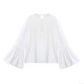 Elegant Women White Chiffon Blouse With Lace Patchwork Long Bell Sleeve Pullover Top For Office Dating Casual Ladies Fashion Shirt