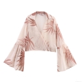 Women's Vacation Chiffon Blouse V-Neck Flare Long Sleeve Palm Leaf Print Loose Casual Top Beach Shirt For Women