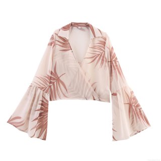 Women's Vacation Chiffon Blouse V-Neck Flare Long Sleeve Palm Leaf Print Loose Casual Top Beach Shirt For Women