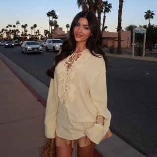 Women's Sweet Light Yellow Chiffon Blouse Ruffle V-Neck Tie Front Long Sleeve Shirt Vintage Pleated Top With Hollow Out Detail For Daily Dating