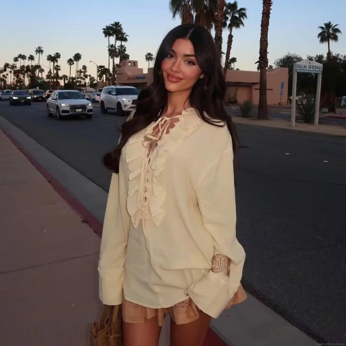 Women's Sweet Light Yellow Chiffon Blouse Ruffle V-Neck Tie Front Long Sleeve Shirt Vintage Pleated Top With Hollow Out Detail For Daily Dating