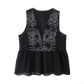 Women Sleeveless V Neck Peplum Top With White Spiral Embroidery Ethnic Vintage Style Loose Polyester Blouse For Summer Holiday Party