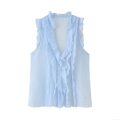Women's Sky Blue Chiffon Sleeveless Blouse With Ruffle Detail V-Neck Loose Summer Tank Top Sweet Solid Color Casual Shirts For Ladies