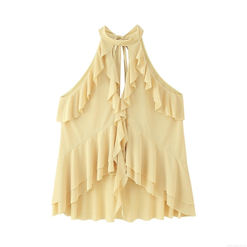 Women's Sleeveless Chiffon Halter Top Ruffle Layered Irregular Hem Blouse Sexy Backless Tie Back Solid Color Summer Tank Top for Party Vacation