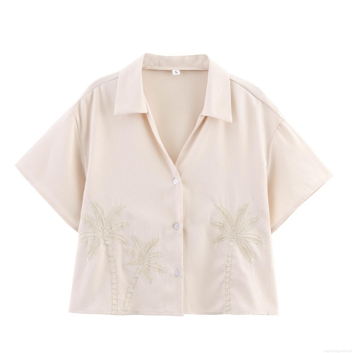 Women Short Sleeve Embroidered Blouse Coconut Tree Pattern Lapel V-Neck Vacation Style Cotton Linen Texture Summer Cropped Top For Beach Resort