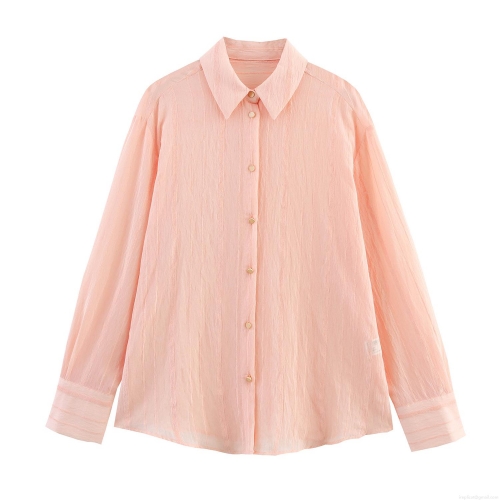 Women's Striped Long Sleeve Button Down Shirt Polyester Lapel Loose Casual Pink Blouse Top For Spring Summer Fashion Sweet Textured Fabric Ladies Clothing