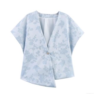 Women Vintage Pale Blue Floral Jacquard Satin Shirt Short Sleeve V-Neck Loose Blouse Casual Summer Top For Ladies