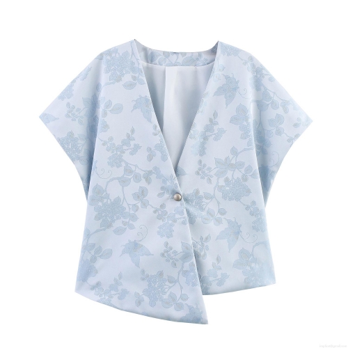 Women Vintage Pale Blue Floral Jacquard Satin Shirt Short Sleeve V-Neck Loose Blouse Casual Summer Top For Ladies