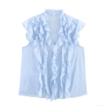 Women's Romantic Ruffle V-Neck Sleeveless Blouse Light Blue 100% Polyester Lightweight Summer Tank Top Fashion Casual Shirt For Women