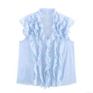 Women's Romantic Ruffle V-Neck Sleeveless Blouse Light Blue 100% Polyester Lightweight Summer Tank Top Fashion Casual Shirt For Women