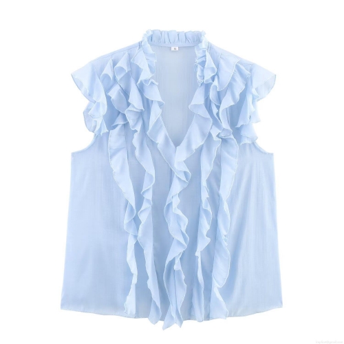 Women's Romantic Ruffle V-Neck Sleeveless Blouse Light Blue 100% Polyester Lightweight Summer Tank Top Fashion Casual Shirt For Women
