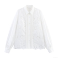 French Vintage Hollow Floral Embroidery Blouse For Women Elegant Long Sleeve Smocked White Shirt Lapel Single Breasted Top