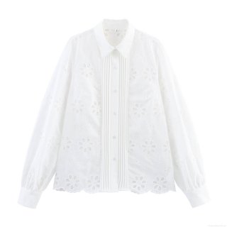 French Vintage Hollow Floral Embroidery Blouse For Women Elegant Long Sleeve Smocked White Shirt Lapel Single Breasted Top