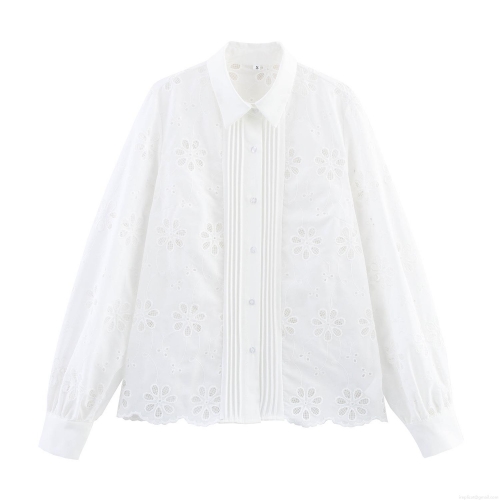 French Vintage Hollow Floral Embroidery Blouse For Women Elegant Long Sleeve Smocked White Shirt Lapel Single Breasted Top