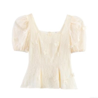 French Retro Lace Blouse With 3D Butterfly Appliques Square Neck Puff Sleeve Mesh Top For Women Sweet Elegant Summer Party Shirt
