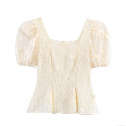 French Retro Lace Blouse With 3D Butterfly Appliques Square Neck Puff Sleeve Mesh Top For Women Sweet Elegant Summer Party Shirt