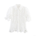 Women's Elegant White Lace Hollow Out Blouse Short Puff Sleeve Lapel Button Down Embroidery Summer Shirt Irregular Hem Casual Tops