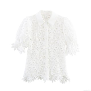 Women's Elegant White Lace Hollow Out Blouse Short Puff Sleeve Lapel Button Down Embroidery Summer Shirt Irregular Hem Casual Tops
