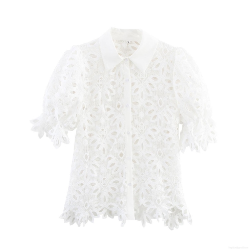 Women's Elegant White Lace Hollow Out Blouse Short Puff Sleeve Lapel Button Down Embroidery Summer Shirt Irregular Hem Casual Tops