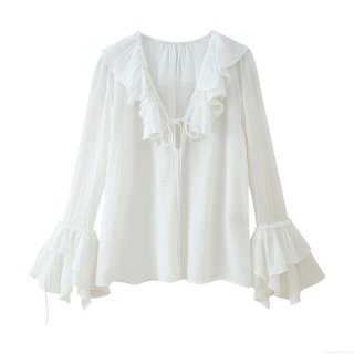Women's French Romantic V Neck Ruffle Blouse Polyester Crinkled Texture Flared Sleeve Tie Neck Casual Sweet Long Sleeve Shirt For Women