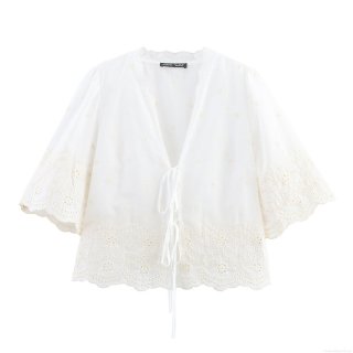 Women's Hollow Out Embroidery Blouse Polyester V Neck Lace Up Short Sleeve Top Bohemian Sweet Floral White Shirt For Summer Vacation