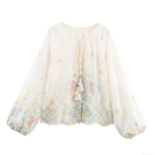 Women's Bohemian Floral Embroidered Chiffon Blouse Romantic Lantern Sleeve Lace-Up Shirt With Tassel And Lace Patchwork Sweet French Style Loose Top For Dating Vacation