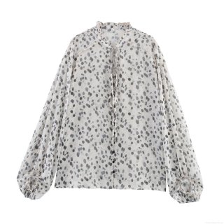 Women's Polka Dot Chiffon Blouse Bohemian Ruffle Tie-Neck Lantern Sleeve Shirt Casual Loose Long Sleeve Top For Summer Vacation Holiday