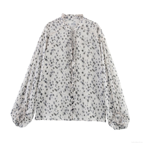 Women's Polka Dot Chiffon Blouse Bohemian Ruffle Tie-Neck Lantern Sleeve Shirt Casual Loose Long Sleeve Top For Summer Vacation Holiday