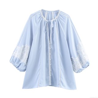 French Romantic Lace Stitching Women Blouse Light Blue Lantern Long Sleeve Tie Neck Top Bohemian Pastoral Style Casual Blouse for Women