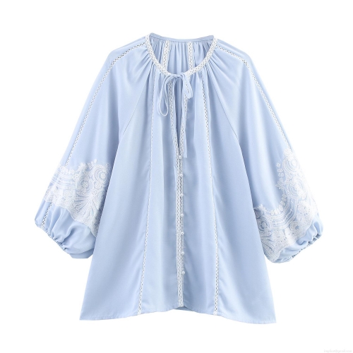 French Romantic Lace Stitching Women Blouse Light Blue Lantern Long Sleeve Tie Neck Top Bohemian Pastoral Style Casual Blouse for Women
