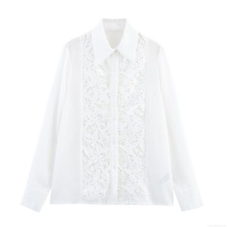 Women's White Lace Patchwork Shirt Long Sleeve Turn-Down Collar Loose Blouse Polyester Office Commuter Top Solid Color Embroidery Elegant Fashion Clothing