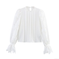 Women Elegant Lace Patchwork Blouse Long Flare Sleeve Pleated Round Neck Top Solid White Polyester Commuter Pullover Shirts for Women