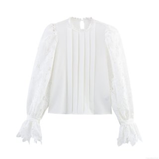 Women Elegant Lace Patchwork Blouse Long Flare Sleeve Pleated Round Neck Top Solid White Polyester Commuter Pullover Shirts for Women