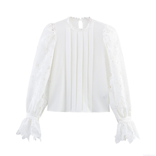 Women Elegant Lace Patchwork Blouse Long Flare Sleeve Pleated Round Neck Top Solid White Polyester Commuter Pullover Shirts for Women