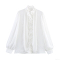 Women Elegant 3D Flower Pleated Blouse Polyester Chiffon Long Puff Sleeve Shirt With Lace Collar Pearl Detail Solid White Intellectual Commuting Party Ladies Top