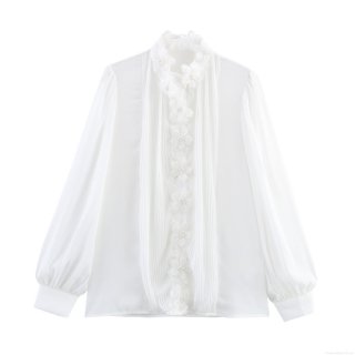 Women Elegant 3D Flower Pleated Blouse Polyester Chiffon Long Puff Sleeve Shirt With Lace Collar Pearl Detail Solid White Intellectual Commuting Party Ladies Top