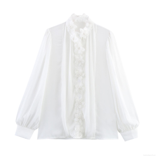 Women Elegant 3D Flower Pleated Blouse Polyester Chiffon Long Puff Sleeve Shirt With Lace Collar Pearl Detail Solid White Intellectual Commuting Party Ladies Top