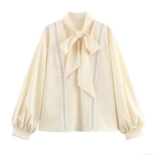 Women's Elegant Polyester Lace Patchwork Blouse Sweet Bow Tie Neck Lantern Sleeve Shirt With Pearl Button Casual Loose Long Sleeve Top For Lady