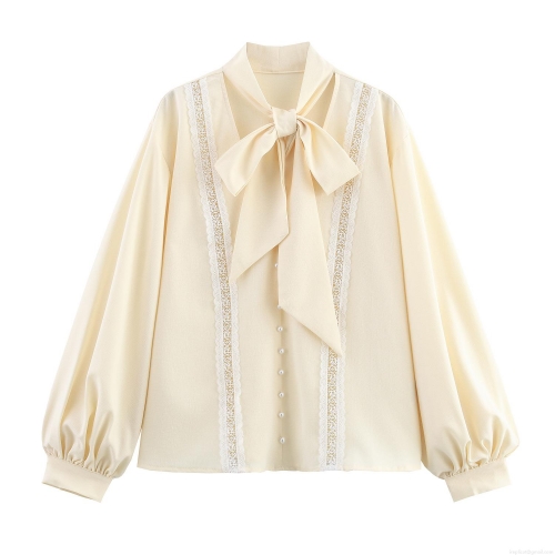 Women's Elegant Polyester Lace Patchwork Blouse Sweet Bow Tie Neck Lantern Sleeve Shirt With Pearl Button Casual Loose Long Sleeve Top For Lady