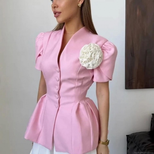 Women Elegant Short Sleeve Blouse V-Neck 3D Flower Decoration Puff Sleeve Slim Waist Peplum Top Sweet Fashion Polyester Shirt For Daily Party Office Lady
