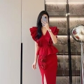 Women's Elegant Red Pleated Ruffle V-Neck Blouse Sleeveless Peplum Top Sexy Layered Heavy Industry Shirt For Party Summer Fashion