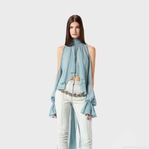 French Elegant Chiffon Blouse Pleated Sleeveless Halter Top with Back Bow Tie-up Loose Breathable Lightweight Summer Shirt for Women