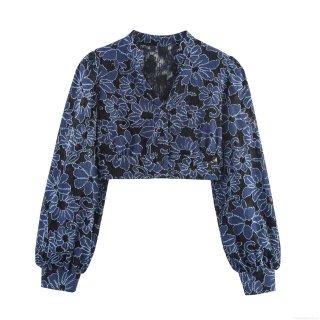 Vintage Denim Flower Patchwork Lace Mesh Crop Top V Neck Long Puff Sleeve Single Breasted Blouse For Women Elegant Spring Autumn Floral Top