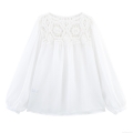 French Style Women Crochet Hollow Out Blouse Lace Patchwork Chiffon Long Lantern Sleeve Loose Pullover Top Elegant Sweet Bohemian Shirt