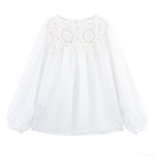 French Style Women Crochet Hollow Out Blouse Lace Patchwork Chiffon Long Lantern Sleeve Loose Pullover Top Elegant Sweet Bohemian Shirt