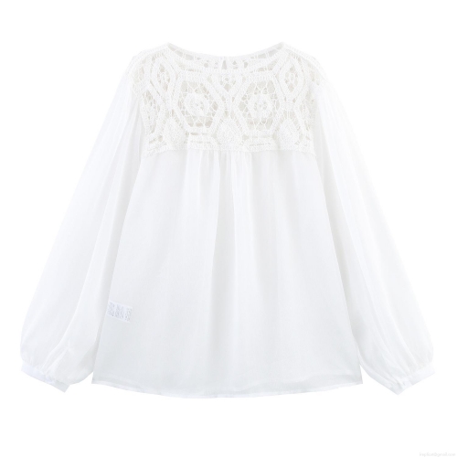 French Style Women Crochet Hollow Out Blouse Lace Patchwork Chiffon Long Lantern Sleeve Loose Pullover Top Elegant Sweet Bohemian Shirt