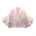 Women Retro Pink Floral Embroidered Chiffon Shirt Short Bubble Sleeve Lapel Button Up Blouse Sweet Summer Crop Top