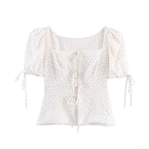 Women's Sweet Pink Floral Short Sleeve Blouse Square Neck Puff Sleeve Top With Lace Splicing And Tie-Up Detail Elegant Summer Fresh Girly Shirt For Women