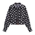 Retro Polka Dot Long Sleeve Blouse For Women Elegant Lapel Waist Cinched Shirt With Amber Resin Buckle Belt Office Commute Polyester Top